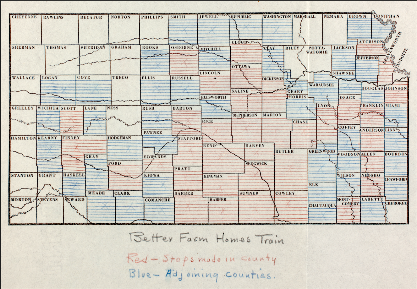 A map showing the route of the 1937 Better Farm Homes Demonstration Train across Kansas. The train stopped in counties hashed in red, and organizers believed the counties hashed in blue were close enough to benefit from the stops in neighboring counties. Courtesy Kansas Historical Society.