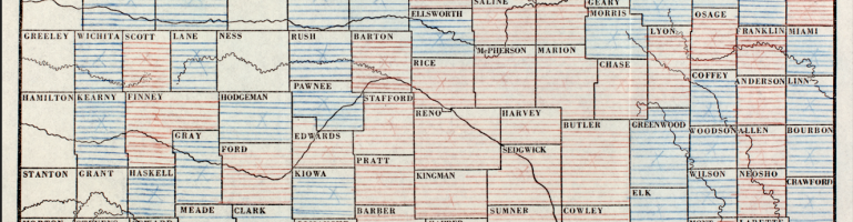 A map showing the route of the 1937 Better Farm Homes Demonstration Train across Kansas. The train stopped in counties hashed in red, and organizers believed the counties hashed in blue were close enough to benefit from the stops in neighboring counties. Courtesy Kansas Historical Society.