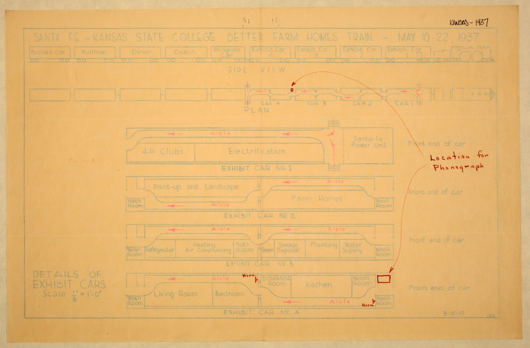 This diagram depicts the Better Farm Homes Demonstration Train layout, including its exhibits in four of the nine rail cars. Courtesy Kansas Historical Society.