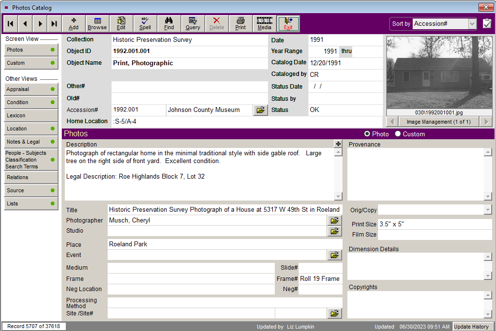 An example of the collection database software the Museum currently uses, showing a record for a historic preservation photo from the 1990s.